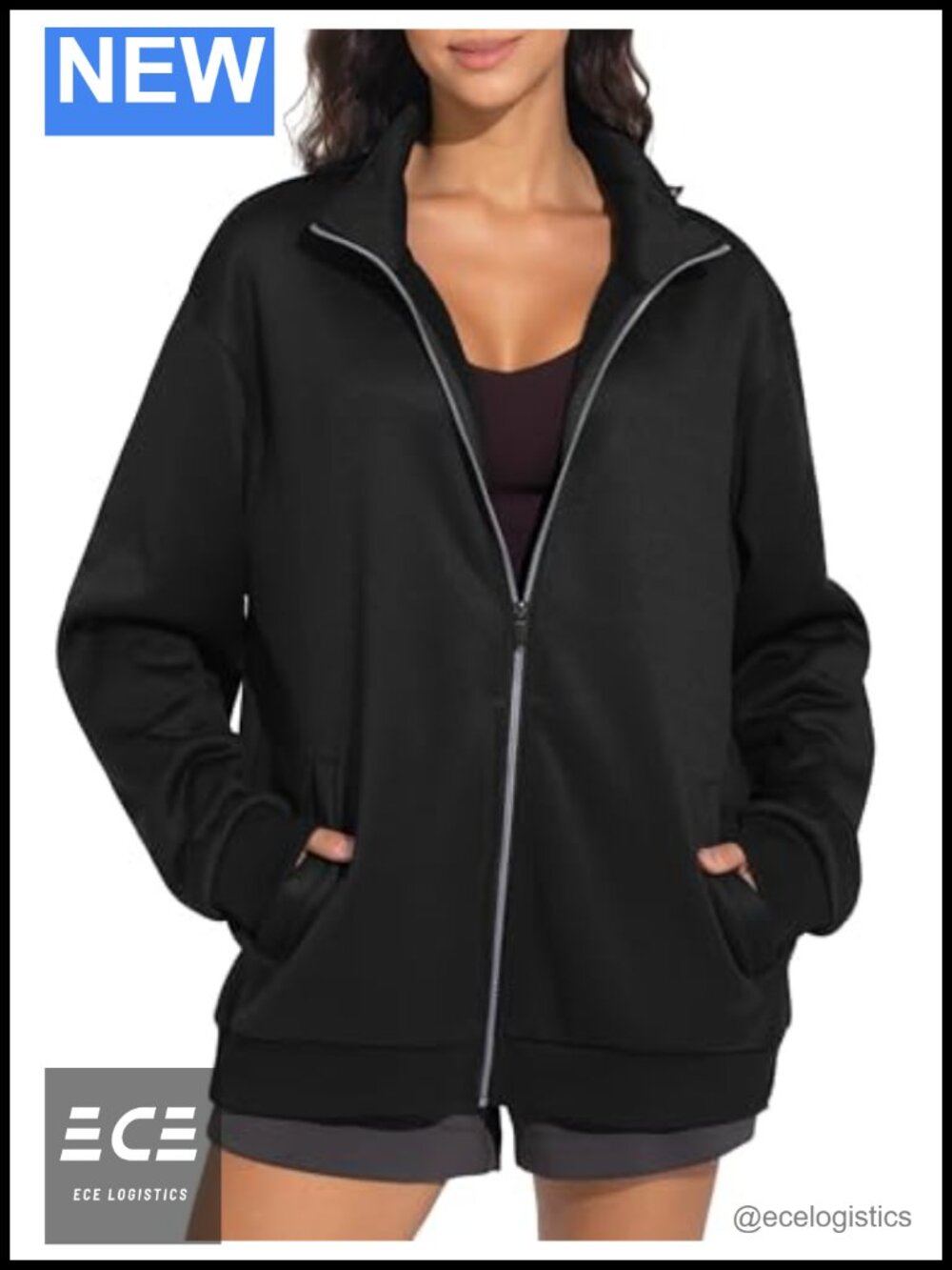 Oversized Fleece Mock Neck Full Zip Sweatshirt Jacket with Pockets